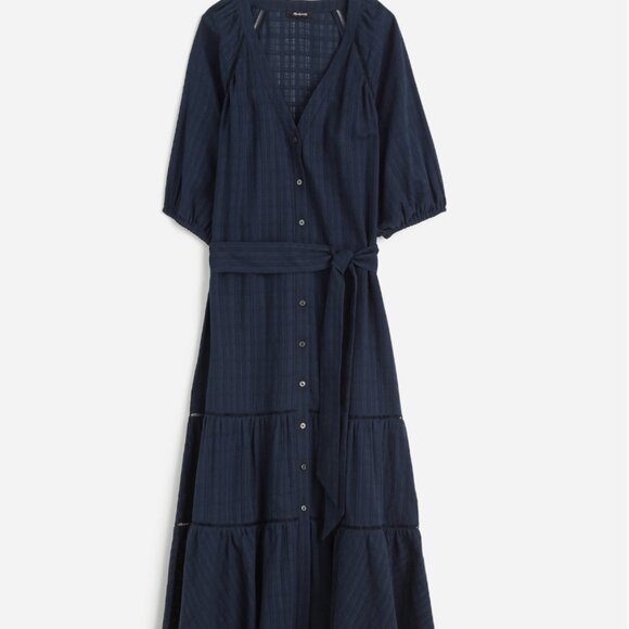 Madewell Tie-Waist Tiered Midi Dress in Windowpane Navy NEW NS139 Flowy - Picture 3 of 5